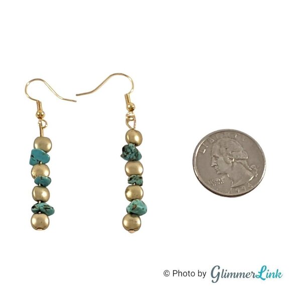Teal & Matte Gold Stacked Beads & Chips Gold Plated Drop Earrings - Picture 3 of 5